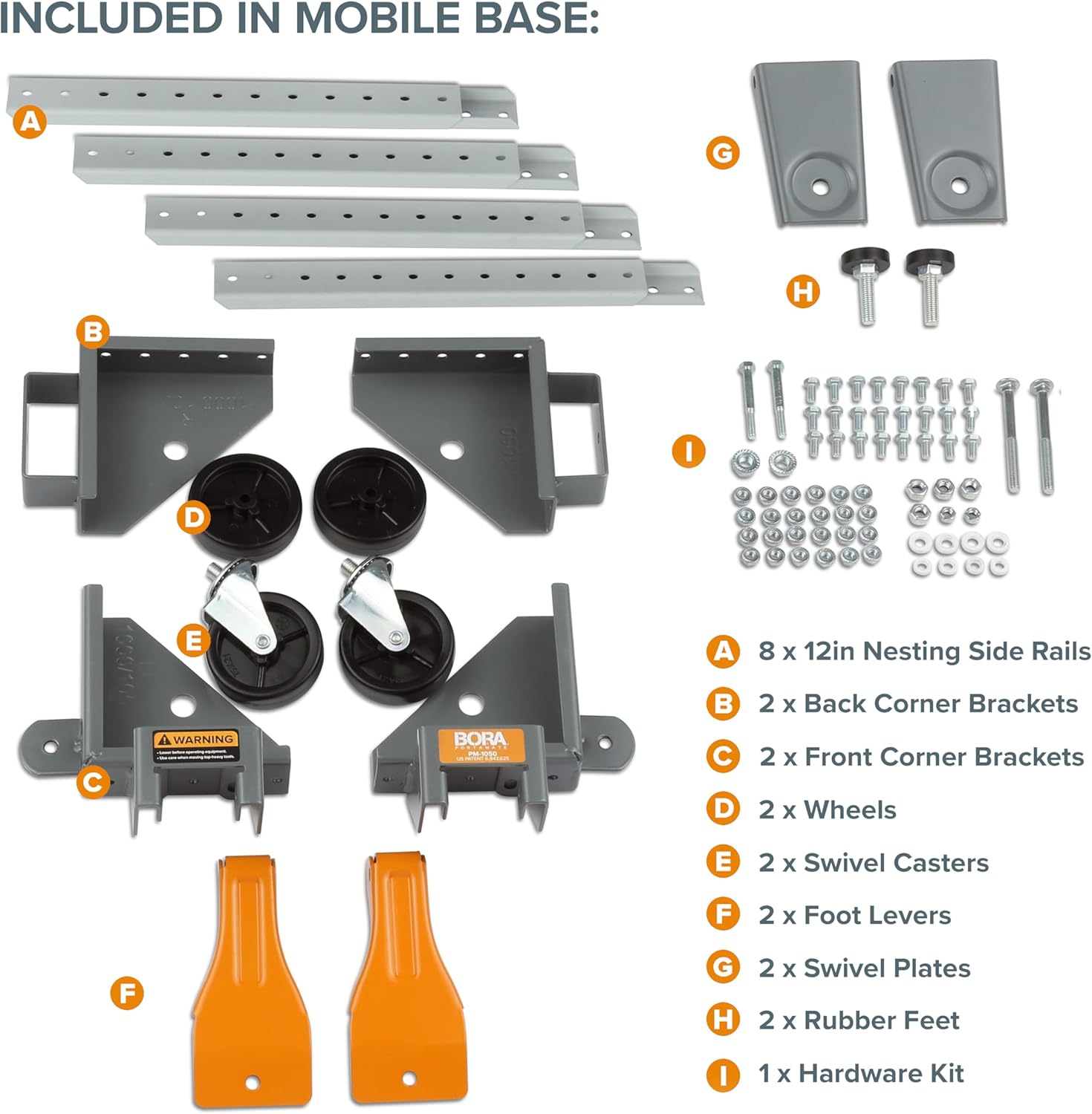 BORA Universal Mobile Base with Swivel Castor Wheels - Adjustable Tool Dolly 12x12 to 26x26 Inches - Heavy Duty Mobile Tool Base for Table Saw Workbench - 400 Lbs Capacity - PM-1050