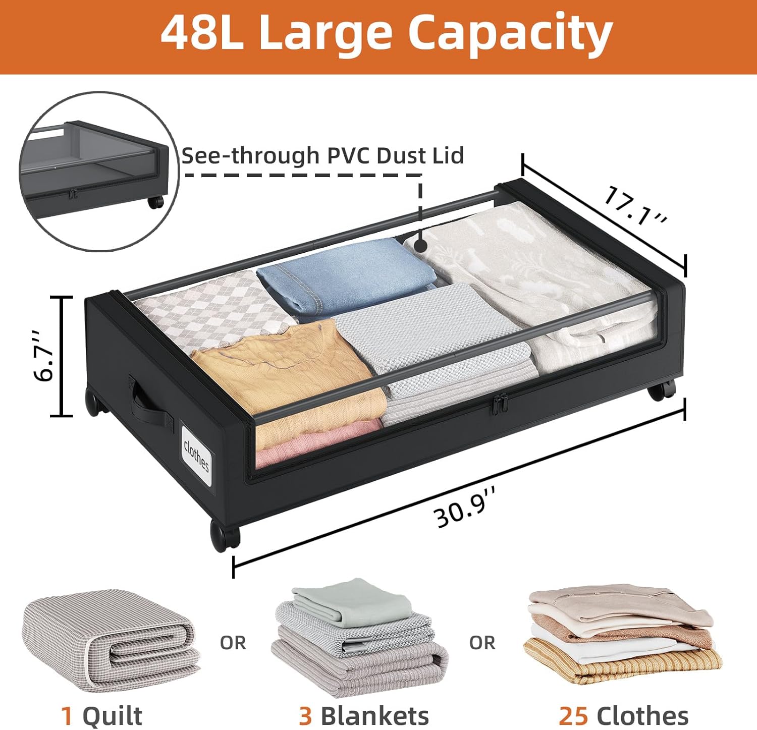 Somdot Under Bed Storage with Wheels, 2 Pack Bed Storage Containers with Dividers & Clear Lids, Easy Pull-out Metal Drawer for Clothes, Shoes,Toys, Blankets (Black)