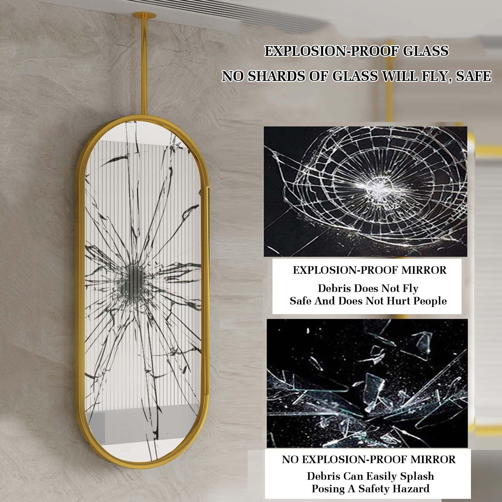 Wiszące oświetlenie LED z metalową ramą, okrągłe lustro sufitowe z przyciskiem dotykowym, drążek do sypialni, przedpokoju i salonu (60 x 120 cm)