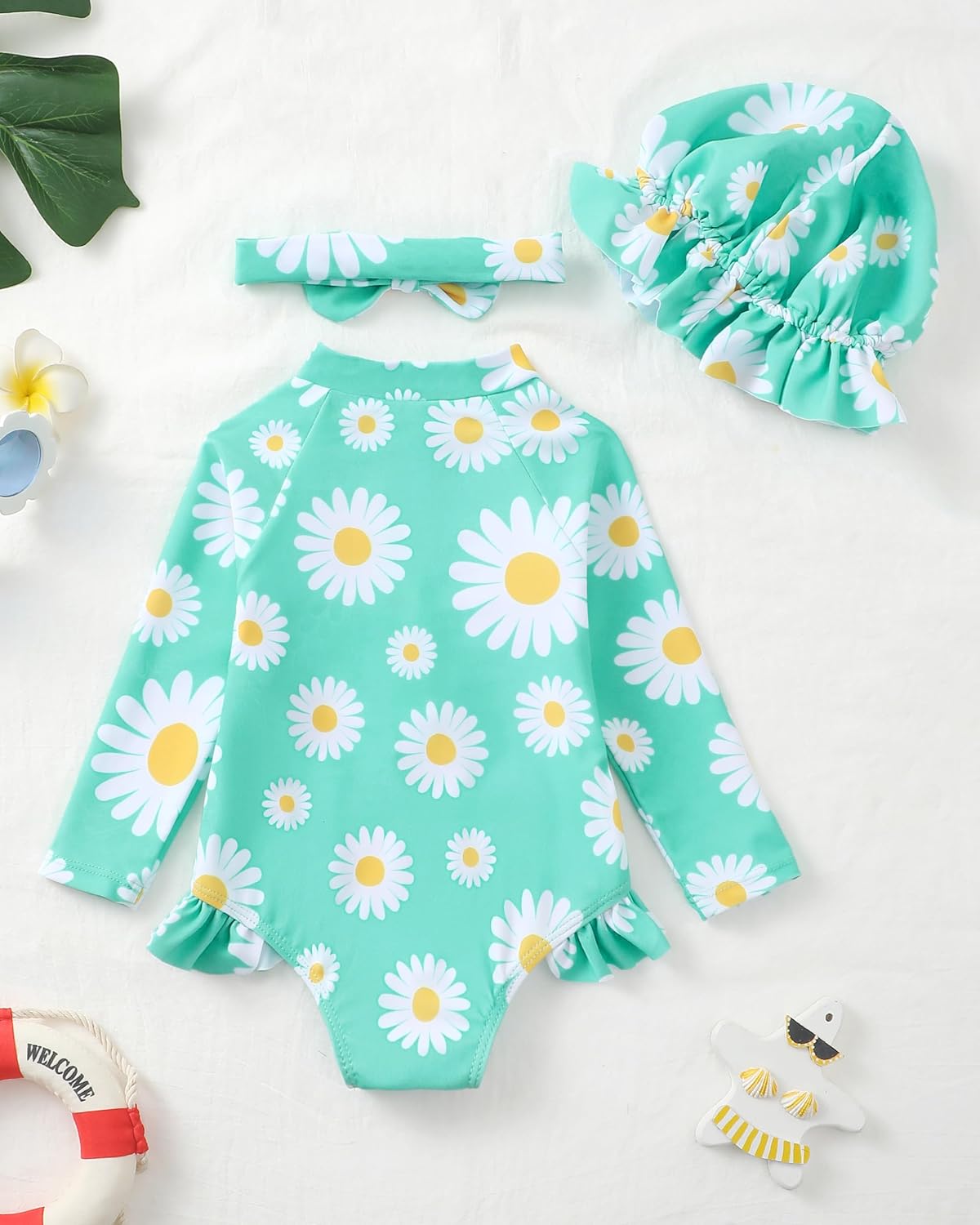 Baby Girl Swimsuit Summer One-Piece Infant Bathing Suit with Hat Long Sleeve Ruffle Zipper Rash Guard Beach Swimwear - Image 3