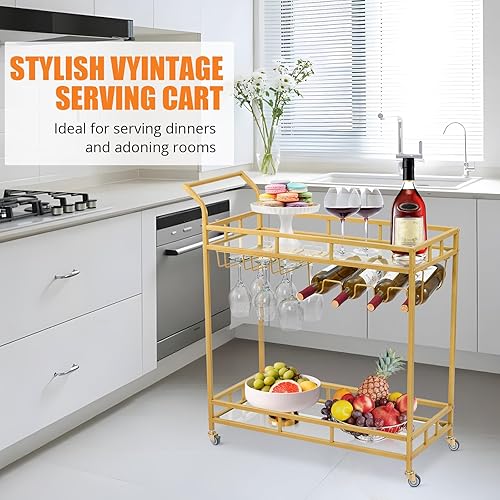 Miniatura 3 de Carrito de bar grande dorado, carrito de servicio de bar en casa, carrito de vino con 2 estantes espejados, soportes para vino, soportes de vidrio,