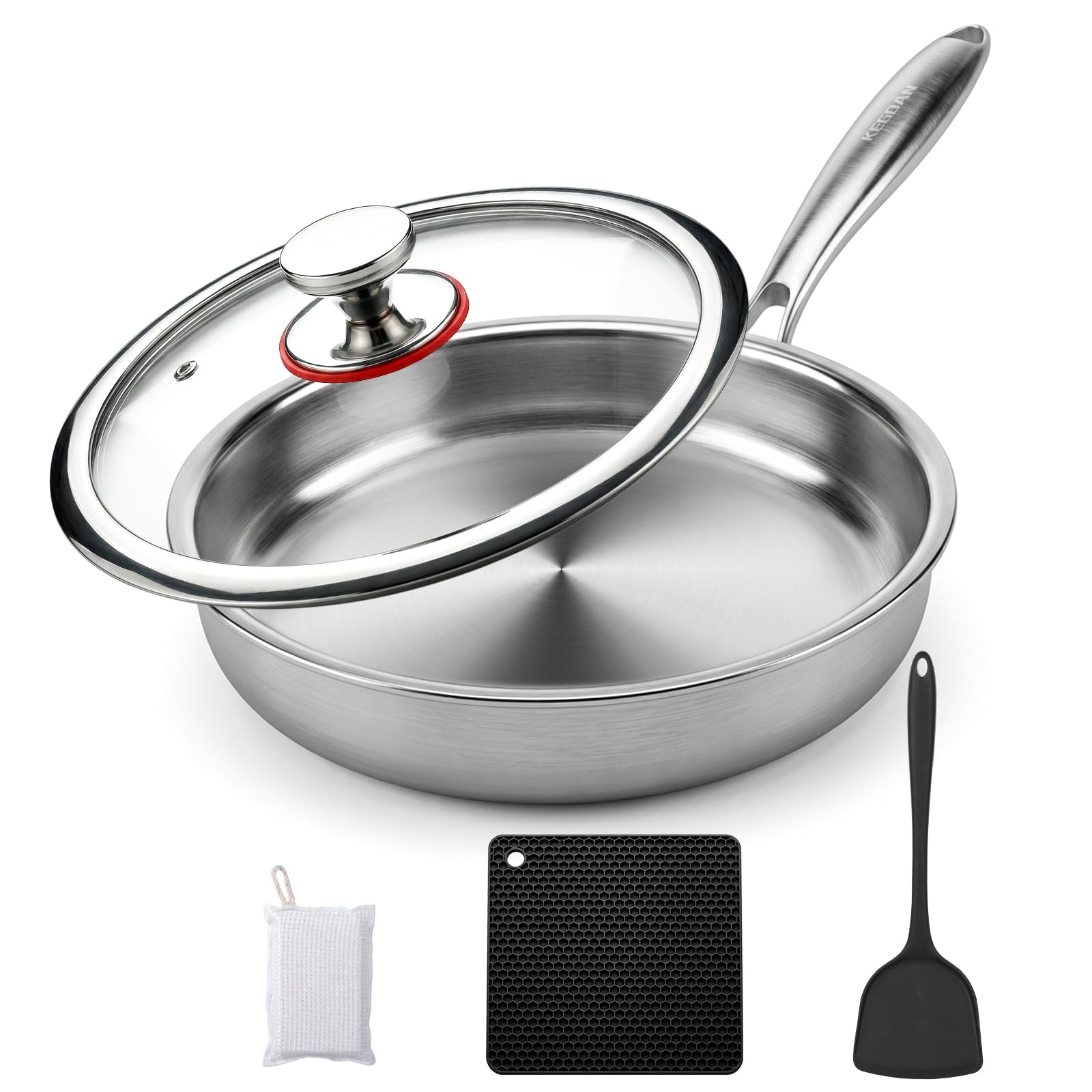 Photo 1 of KEGDAN 12 Inch Stainless Steel Pan, 5pcs Tri-Ply Stainless Steel Frying Pan with Lid, Dishwasher & Oven Safe, Induction Cooking Skillets, Fast & Even Heat and Detachable Handle