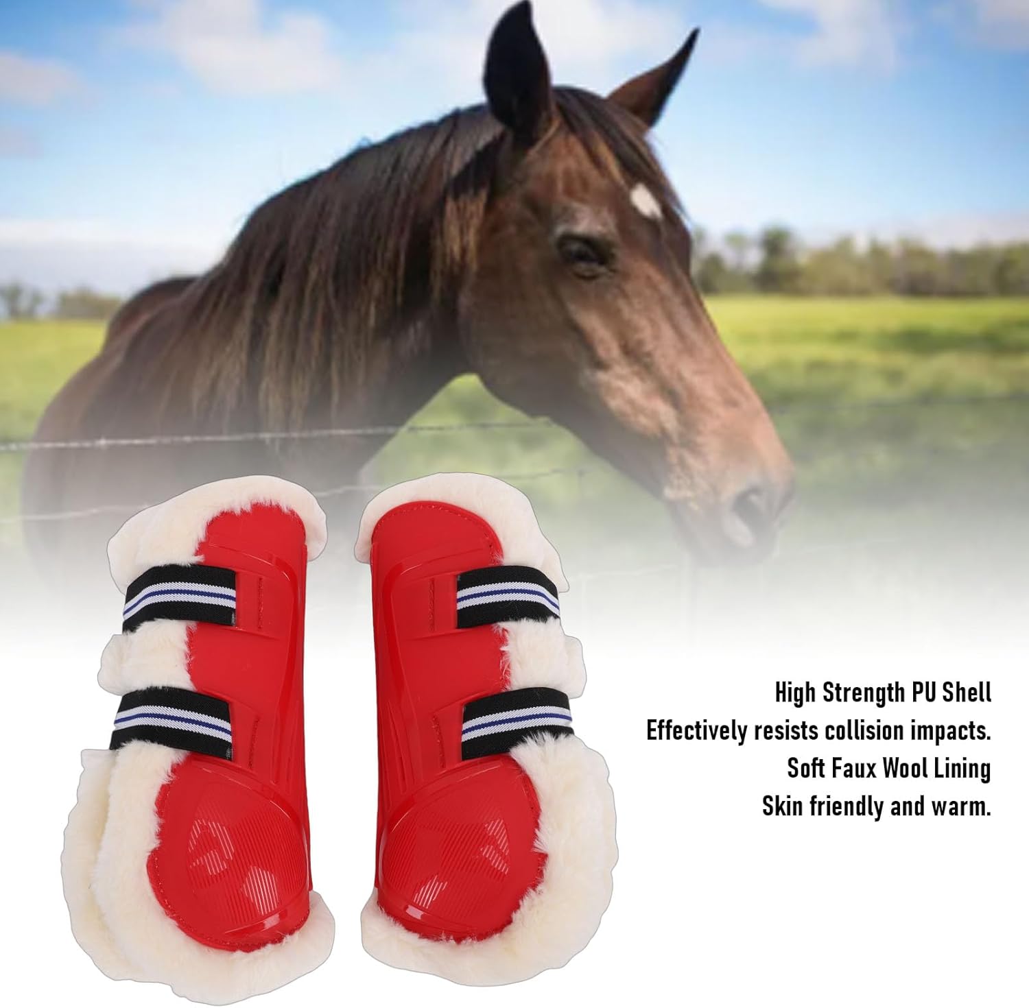 Luqeeg Horse Leg Wrap, Soft Warm Horse Leg Protector, PU Shells Boots Faux Wool Lining Fly Sheets Loop Strap Ergonomic Contoured Equestrian Accessories for Travel & Riding