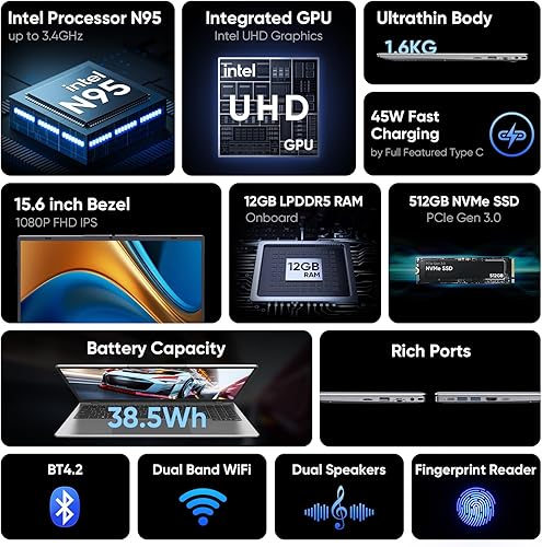 Miniatura 2 de ZENAERO Computadora portátil Windows 11 Pro de 15.6 pulgadas, 12 GB de RAM, 512 GB NVMe SSD Intel Alder Lake-N95 de 12 generación (hasta 3.4 GHz),