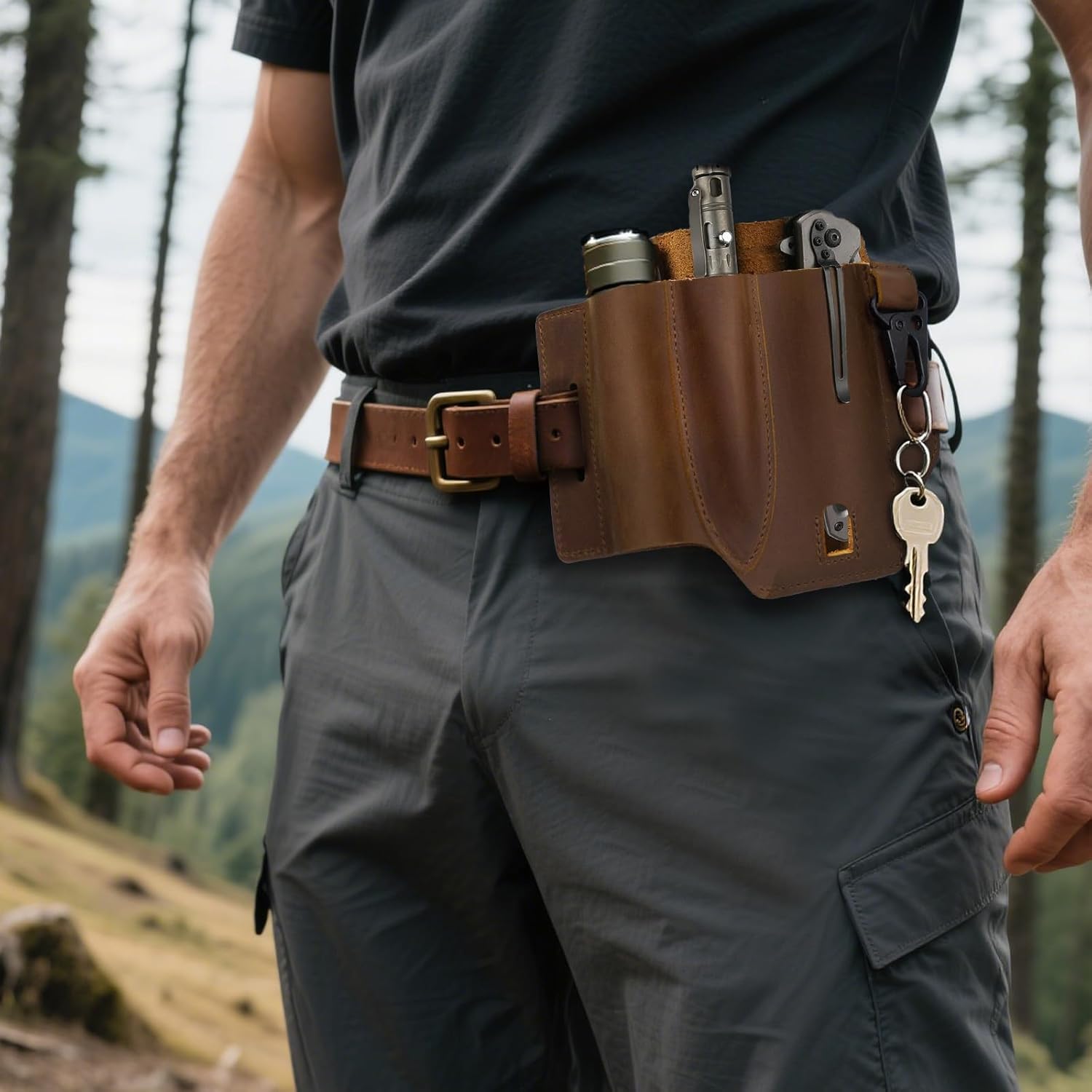 Jack&Chris Leather EDC Multitool Sheath for Belt, EDC Belt Organizer for Leatherman Tools, EDC Pocket Organizer for Men with Pen Holder, Key Fob, Flashlight Sheath