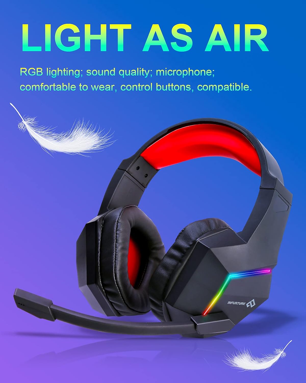 Gaming Headset for PS5 PS4 PC Xbox one, INFURTURE Noise Cancelling Over Ear Headphones with Mic, RGB Light, Bass Surround Gaming Headphones, Soft Memory Earmuffs, Computer Headset for Laptop Switch
