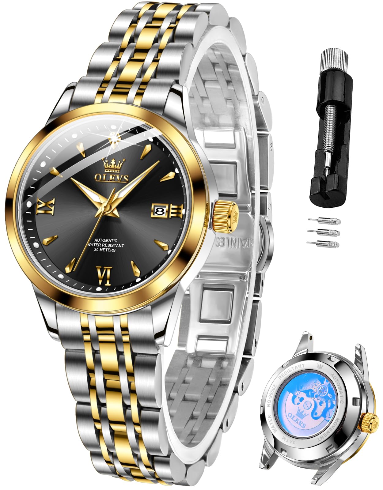OLEVS Womens Automatic Watch Gold Luxury Diamond Self Winding Ladies Wrist Watches Waterproof Luminous Date