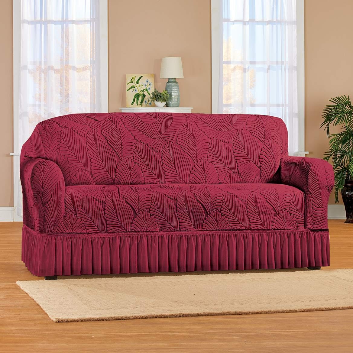 Gajula.Enterprises Leaf Ruffled Stretch Loveseat Slipcover Burgundy – 1 Piece, Fits 72"W Arm to Arm