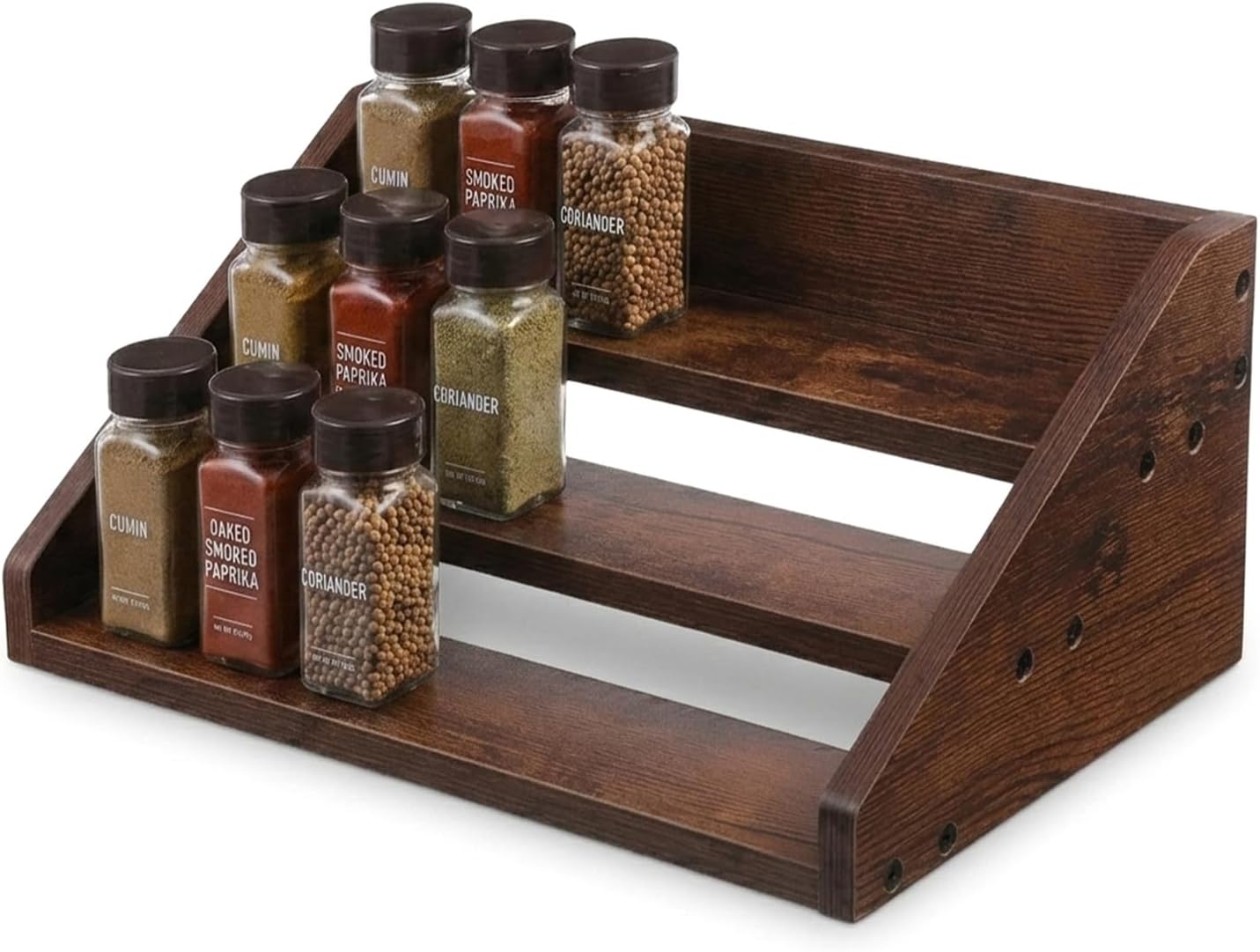 Wood 4 Tier Spice Rack, 13 x 10 x 6.5 Inch Wooden Tiered Spice Rack Rustic Wood Condiment Jar Display Riser Shelf for Countertop, Cabinet, Kitchen Organization (Dark Brown)