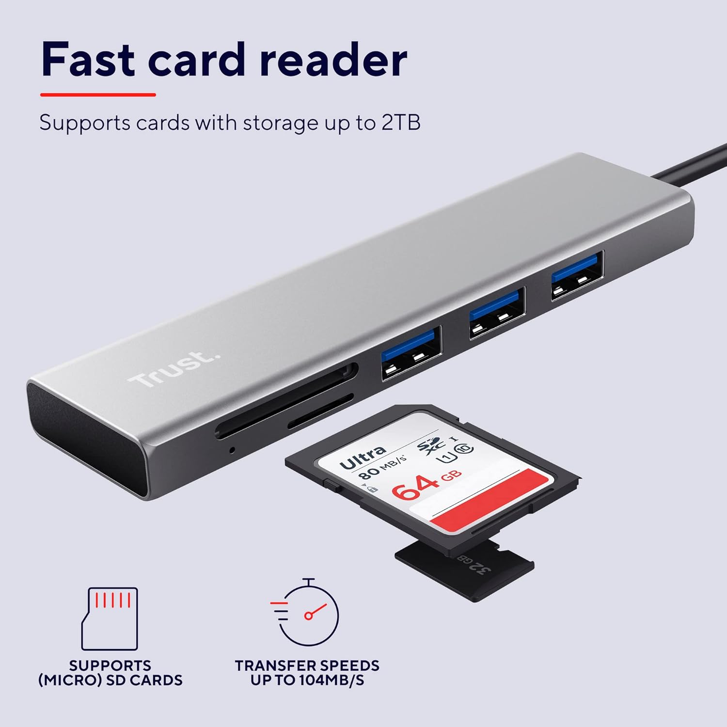 Trust 24191 Halyx Fast USB-C Hub and Card Reader, 3 Extra Ports, 5Gbps with USB 3.2 Gen 1, SD and Micro-SD Card Reader 104 MB/s, (Micro) SD, SDHC and SDXC up to 2 TB
