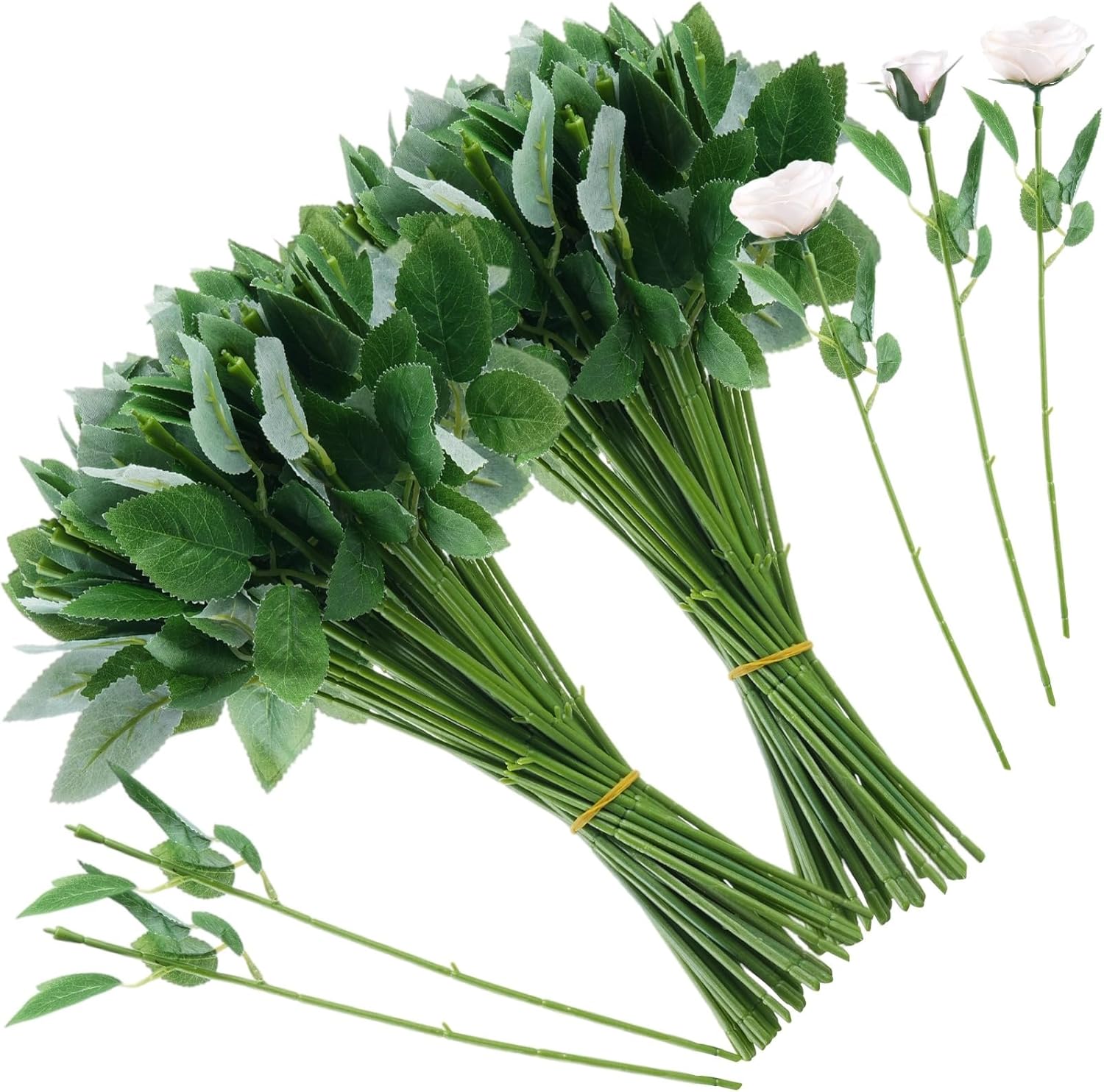 100 Pcs Rose Stems with Leaves, Fake Flower Stems, Faux Green Leaves Stems, Floral Arrangement Supplies, DIY Artificial Flowers Tools for Bouquet Wedding Party