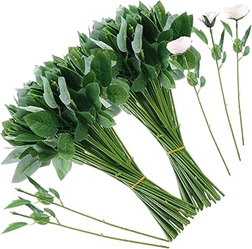 100 Pcs Rose Stems with Leaves, Fake Flower Stems, Faux Green Leaves Stems, Floral Arrangement Supplies, DIY Artificial Flowers Tools for Bouquet Wedding Party