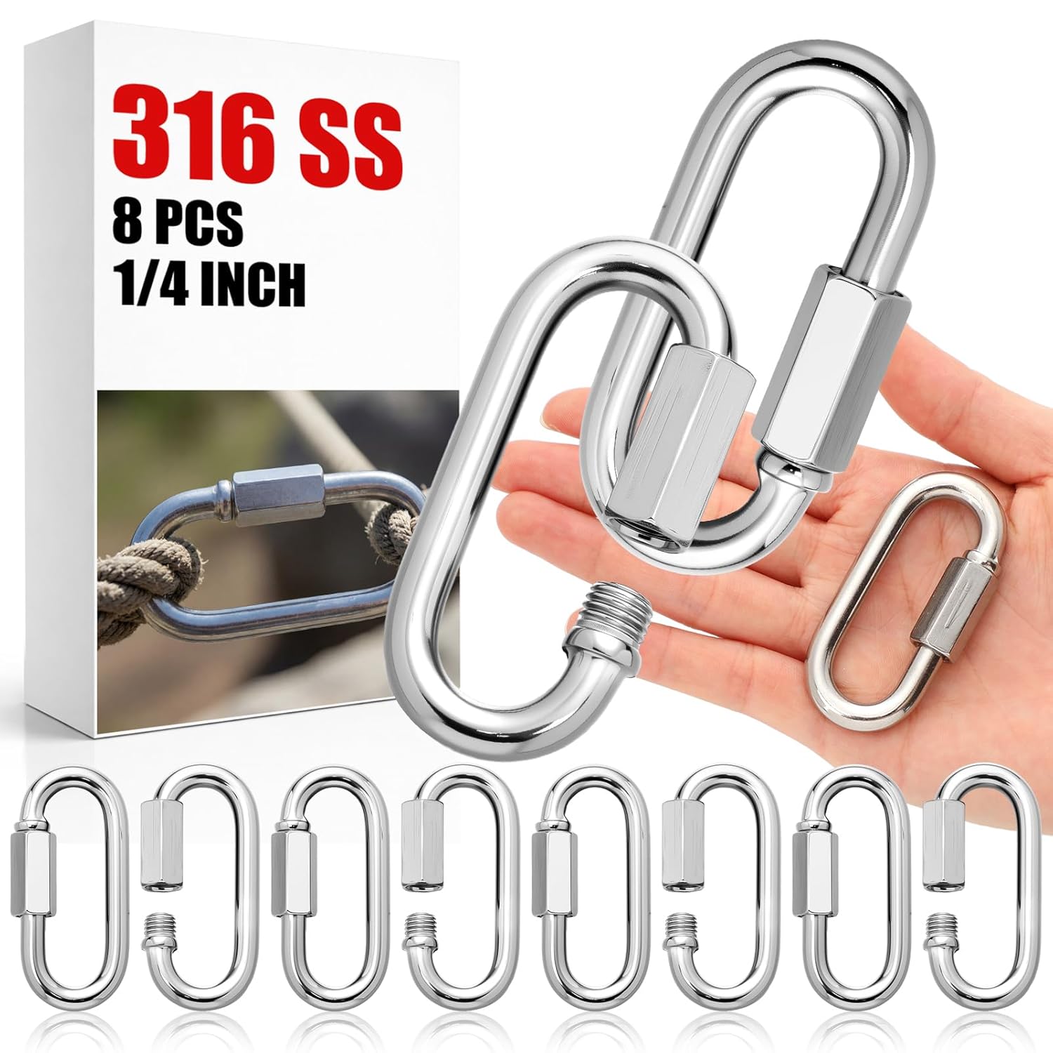 8 Pack 316 Stainless Steel Heavy Duty Quick Links D-Shape Locking Chain Connectors 875-2300 Lbs Working Load Marine Grade Safety Links for Towing Marine Camping Industrial Use(5/16")