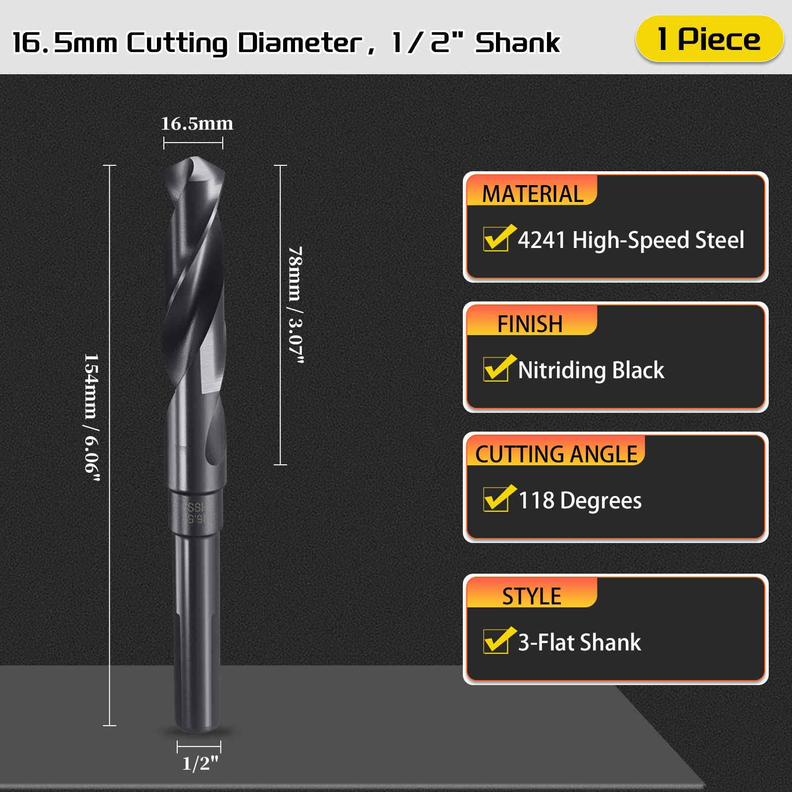 CoCud Drill Bit, 16.5mm Cutting Diameter, 1/2" Reduced Shank 3-Flat 4341 HSS Nitriding Black 118° Cutting Angle Bits - Image 2