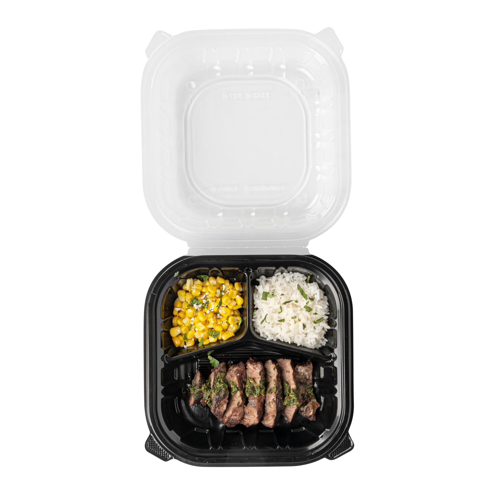 Restaurantware Thermo Tek pojemniki z klapką, 50 jednorazowych pudełek na wynos – 3 przegrody, wentylowane pokrywki, czarne plastikowe pojemniki do przygotowywania posiłków, nadają się do kuchenki