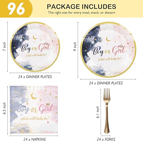 Miniatura 2 de CLYMENE 96 piezas de suministros de fiesta de revelación de género Decoraciones de fiesta de baby shower Juego de vajilla para revelación de
