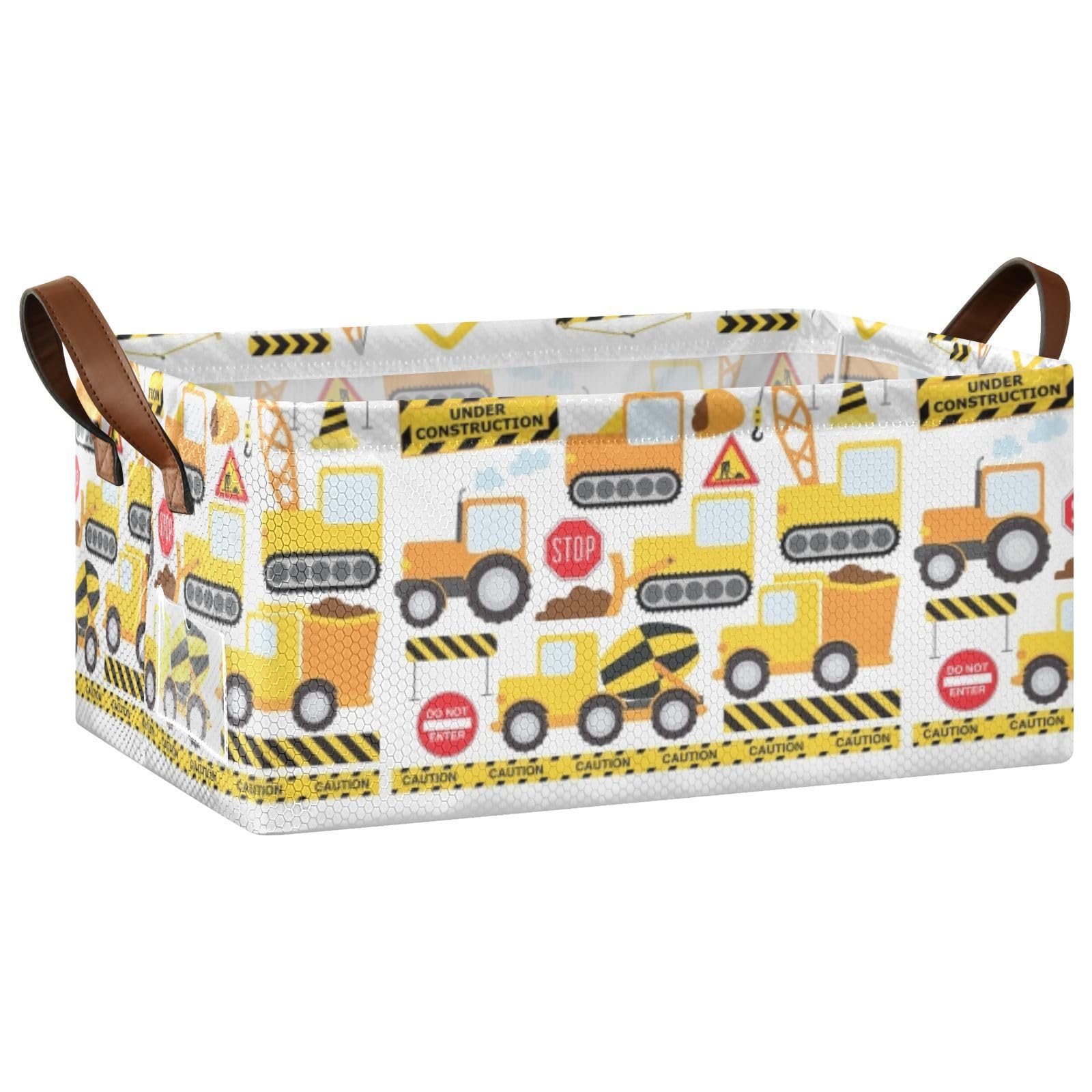 Fygkptb Seamless Yellow Construction Vehicles on White 1 PC Rectangle Foldable Frame Basket Leather Handles Storage Bin for Laundry Bathroom Organizer 16.9 x 11.4 x 7.7 inch