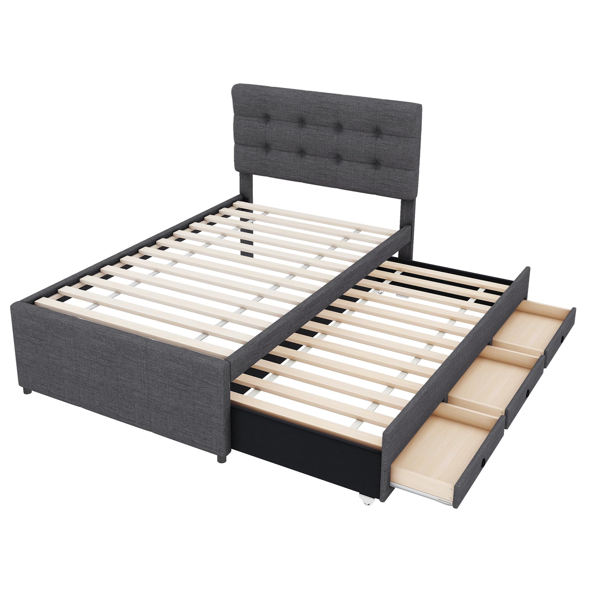 Letto imbottito 90 x 200 cm, letto singolo con 3 cassetti, telaio letto con letto estraibile 90 x 190 cm, testiera regolabile, letto familiare, lino, senza materasso (grigio, 90 x 200 cm)