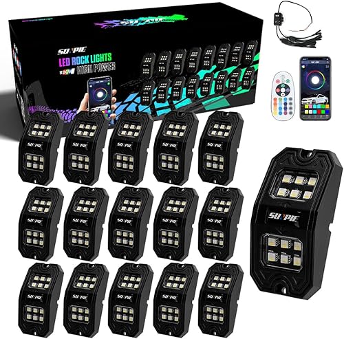 SUNPIE 16 cápsulas mejoradas de 210 grados de gran angular RGBW Rock Lights Aplicacióncontrol Modo de voz, modo de música, control automático, kit
