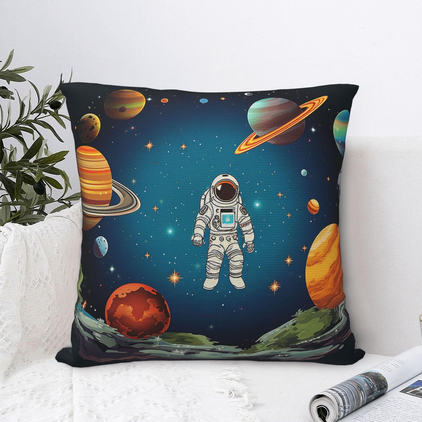 FodPand Luxury Velvet Throw Pillow Covers 20"x20" Super Soft Decorative Pillow Cases - Outer Space Rocket Astronaut Pillowcases Modern Lumbar Cushion Cases for Couch Sofa Bed Pillow Shams