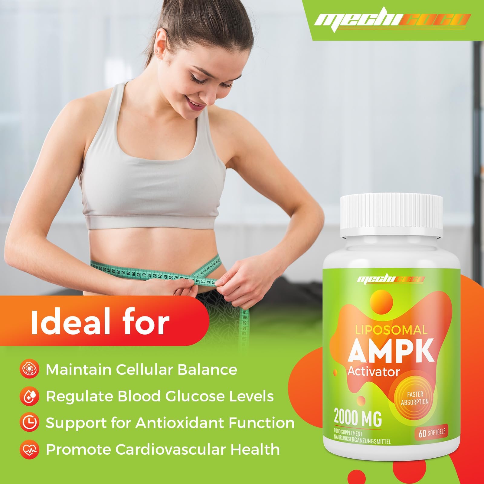 Capsules Liposomales Activateur AMPK 2000 mg, Formule 6-en-1 avec Berbérine HCL, Quercétine Dihydratée et Resvératrol, pour un Soutien Antioxydant, Sans Soja, Sans Gluten