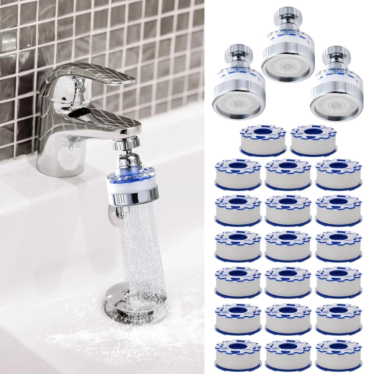 23 Pcs Sink Water Filter Faucet Set, Universal 360 ° Rotating Kitchen Faucet Water Purifier, Bathroom Faucet Filter Removes Chlorine Fluoride Hard Water for Home Kitchen w/20 Cartridge