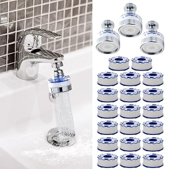 23 Pcs Sink Water Filter Faucet Set, Universal 360 Rotating Kitchen Faucet Water Purifier, Bathroom Faucet Filter Removes Chlorine Fluoride Hard Water for Home Kitchen w/20 Cartridge