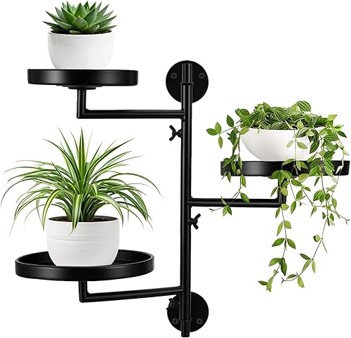 Miniatura 8 de Soporte de metal giratorio de 3 niveles, soportes florales para plantas de pared, estantes de pared para plantas de interior y exterior, estante de