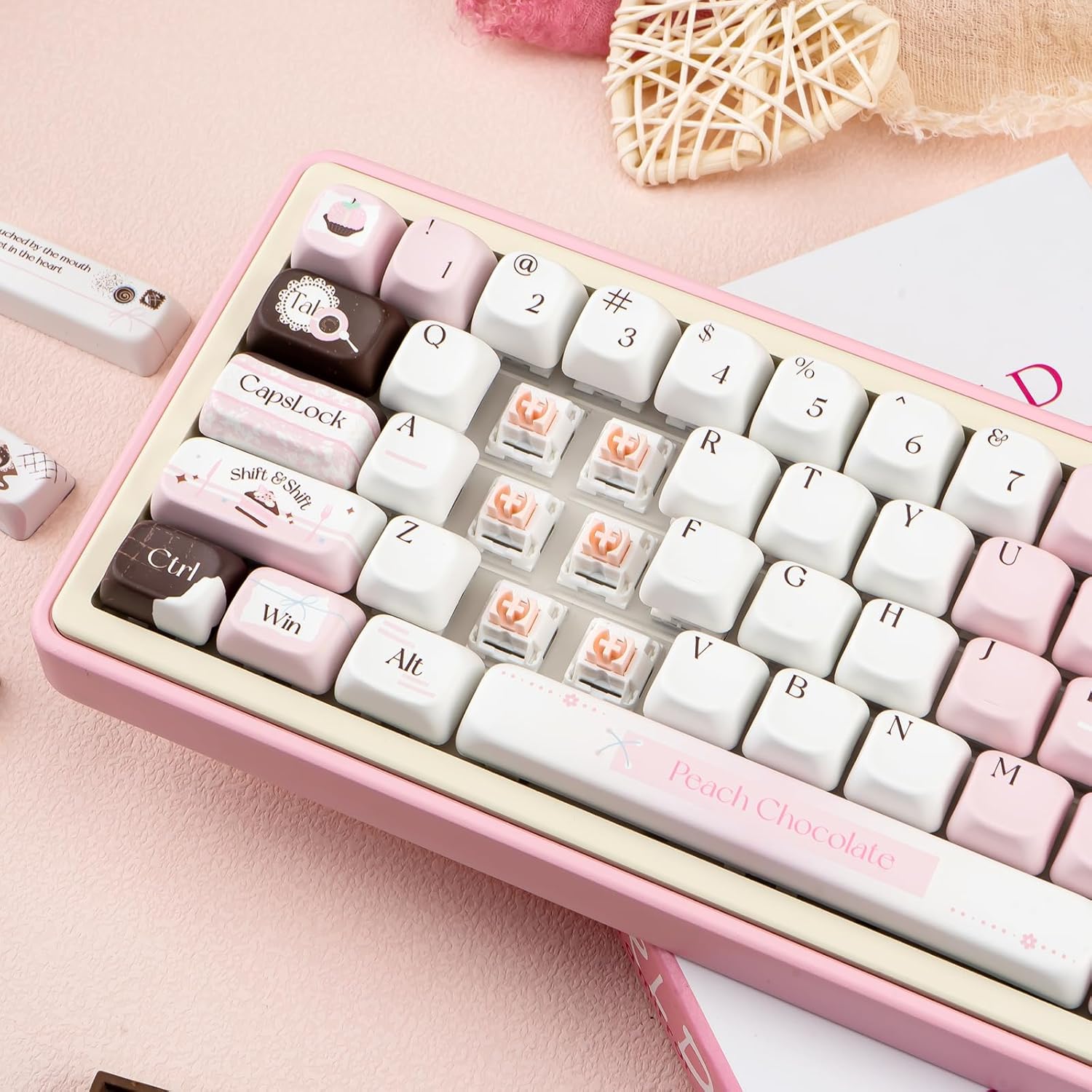 PBT Keycaps 130 Keys Pink White Keycaps Chocolate Themed Dye-Sublimation Cute Keycap MOA Profile Custom Keycap for Cherry Gateron MX Swithes Mechanical Gaming Keyboards
