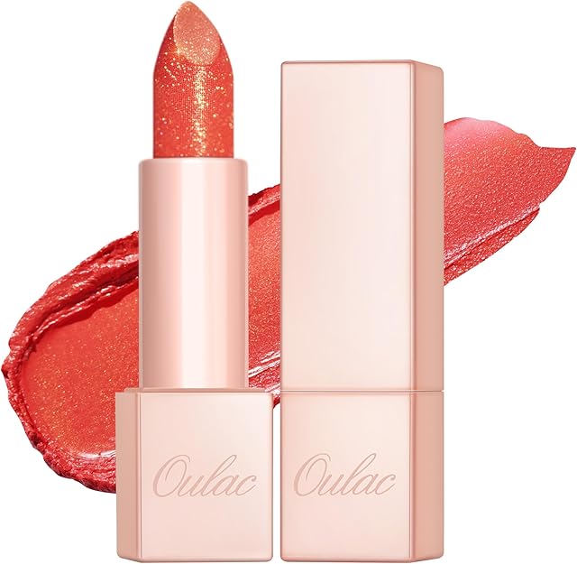 Oulac Coral Red Shimmer Lipstick for Women-Moisture Tinted Lip Balm for Dry Lips, Glitter Surface, Creamy Formula, Hydrating & Smooth, Infused with Shea Butter, Vegan, Gluten-Free (PG04) Sunrise