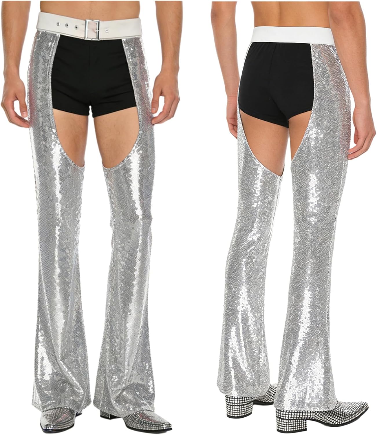 Sholeno Glittery Sequin Cowboy Chaps for Men's Adjustable Waist Hollow Out Flared Pants Clubwear