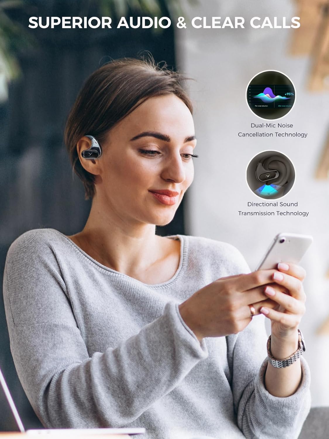 Open Ear Headphones Wireless Bluetooth 5.4 Earbuds 54Hrs Playback 16.2mm Drivers Air Conduction LED Display Charging Case IPX7 Waterproof APP Deep Bass Sports Earphones for iPhone & Android (Black)