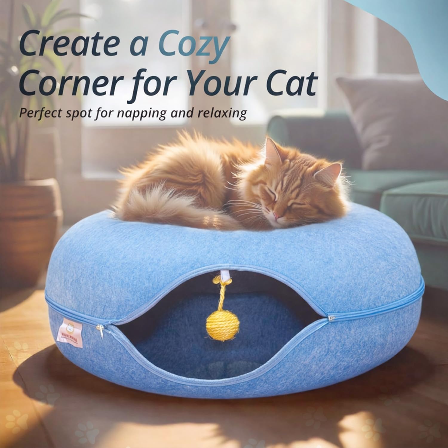 Peekaboo Cat Tunnel Bed with Hanging Ball Toy – Large Cat Tunnels for Indoor Cats up to 30lbs – Round Cat cave Bed with Scratch-Resistant, Easy to Wash & Cozy Design (Blue, Large)