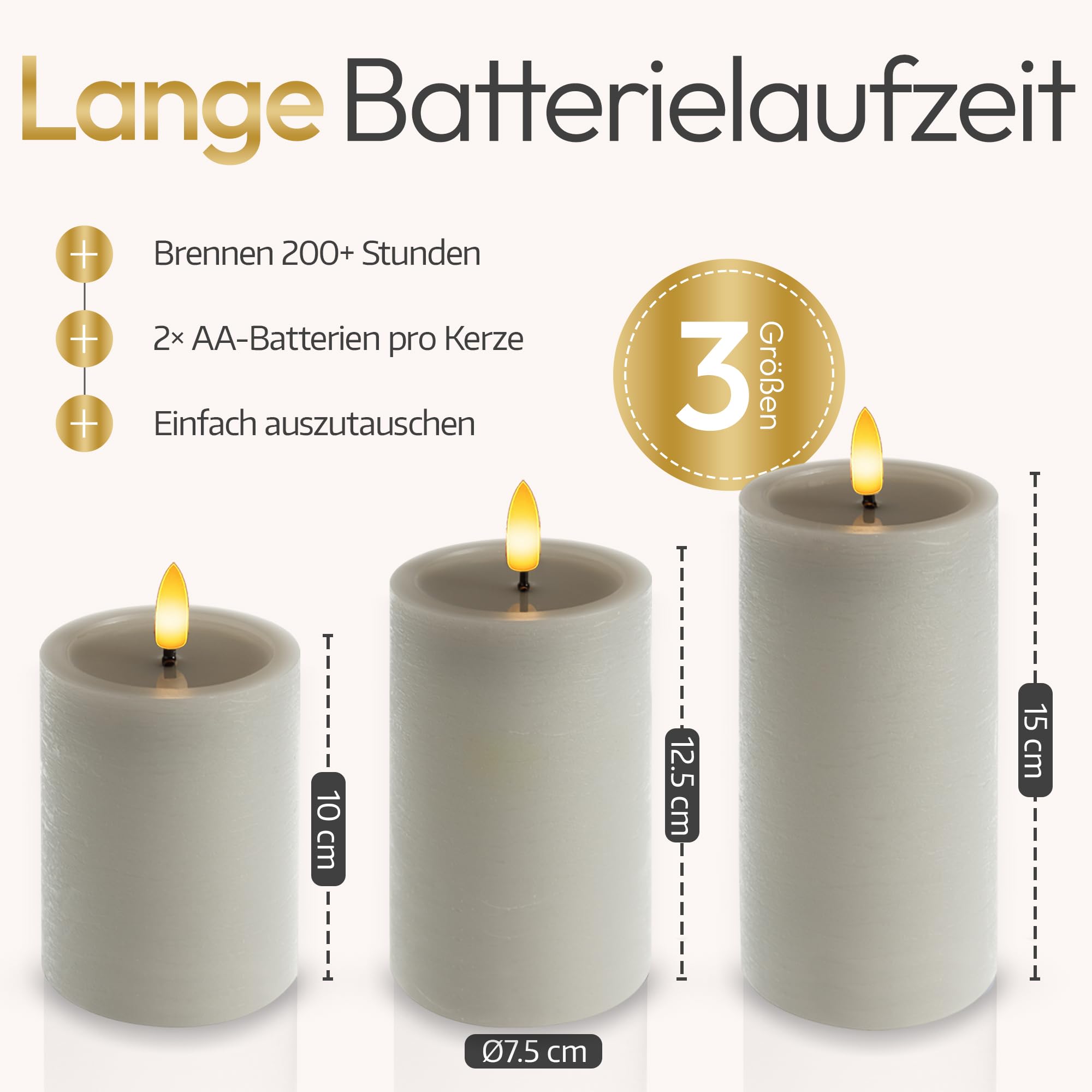 Meisterhome Juego de 3 velas LED grises, sin llama, con llama parpadeante, diseño rústico, con mando a distancia y temporizador, funciona con pilas, blanco cálido, 10/12,5/15 cm de alto