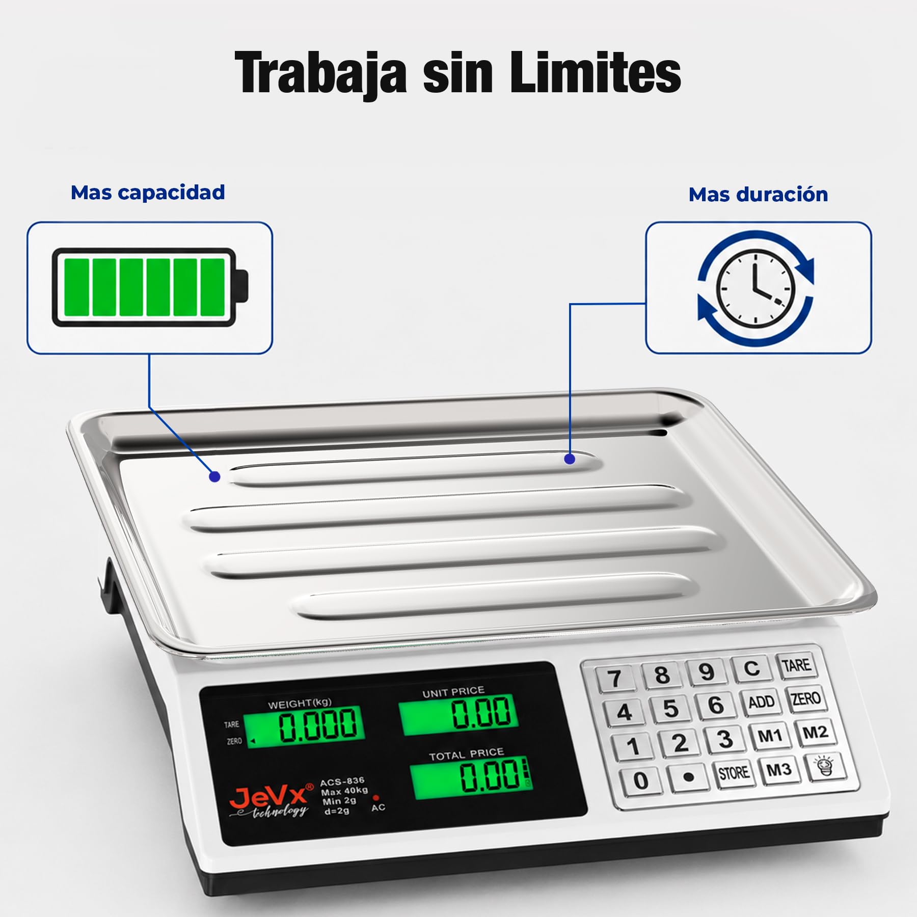 JEVX Bilancia digitale commerciale da 50 kg, bilancia per commercio industriale professionale, con cavo, batteria e batterie, alta precisione da 2 g, pesi digitali commerciali