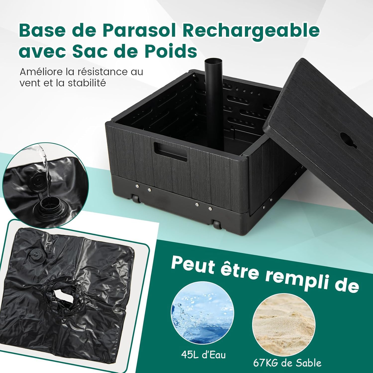 GOPLUS Base de Parasol Mobile pour Parasol de 38/48 mm, Remplissable d'eau 45L et de Sable 67KG, Bac à Plantes avec roulettes et Poignée, Plateau de Table, Sac de Poids, 2 Boutons Réglables (Noir)