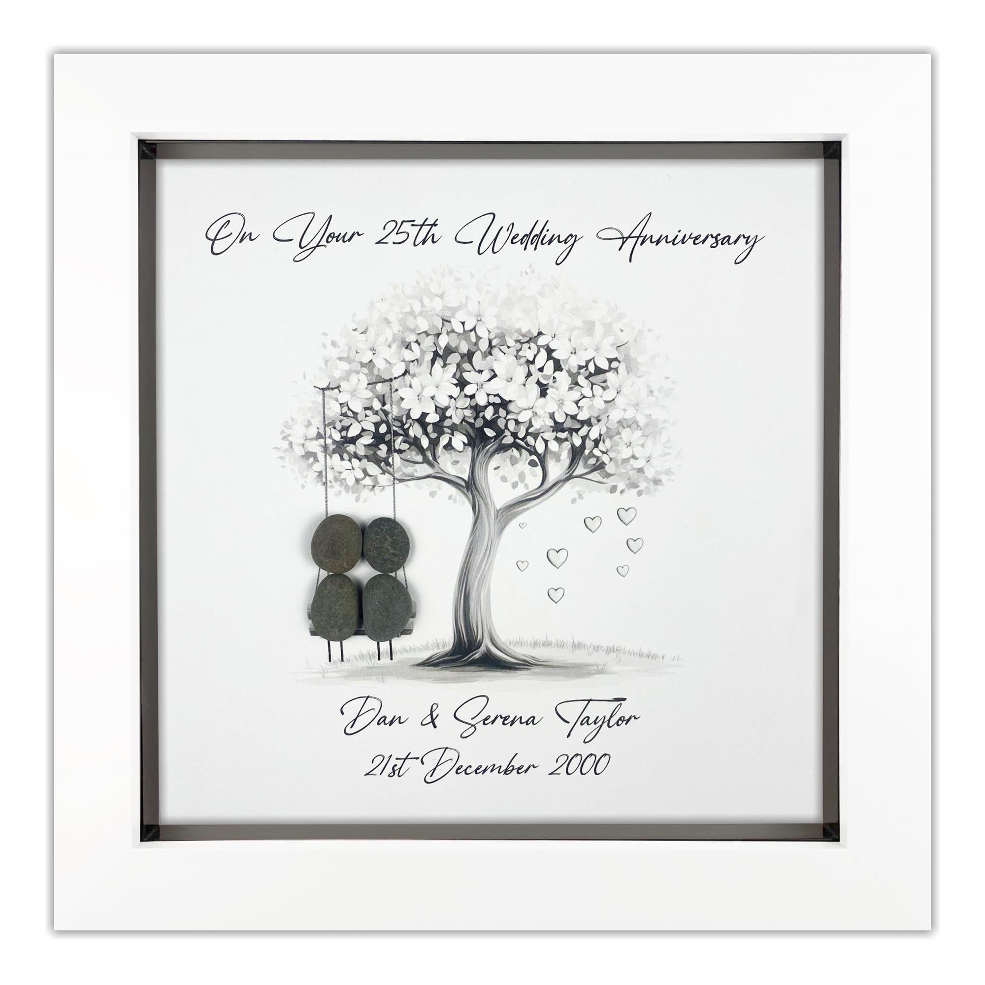 Handmade Personalised 25th Wedding Anniversary Pebble Art Gift, Silver Anniversary Pebble Picture Keepsake, Mr & Mrs Gift, Present for Couple on Swing (White Frame)