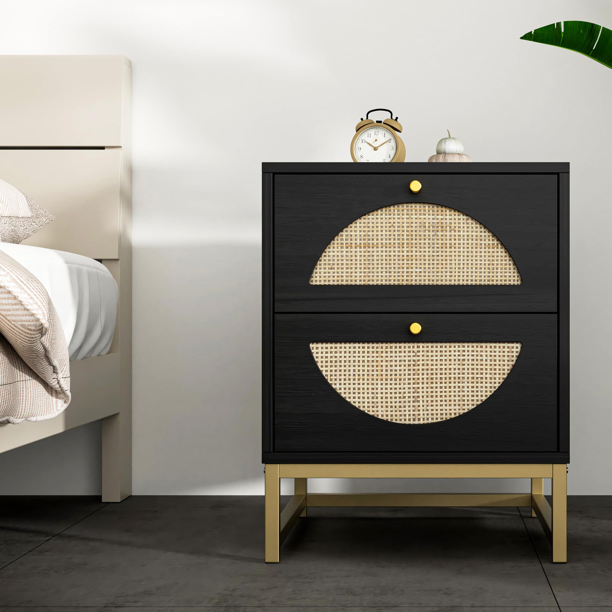 Anwickhomk Nightstand for Bedroom,Wooden End Table with 2 Rattan Weaving Drawer,Side Table Night Stand with Storage for Small Spaces,Bedside Table Accent Table for Living Room Office (Black)