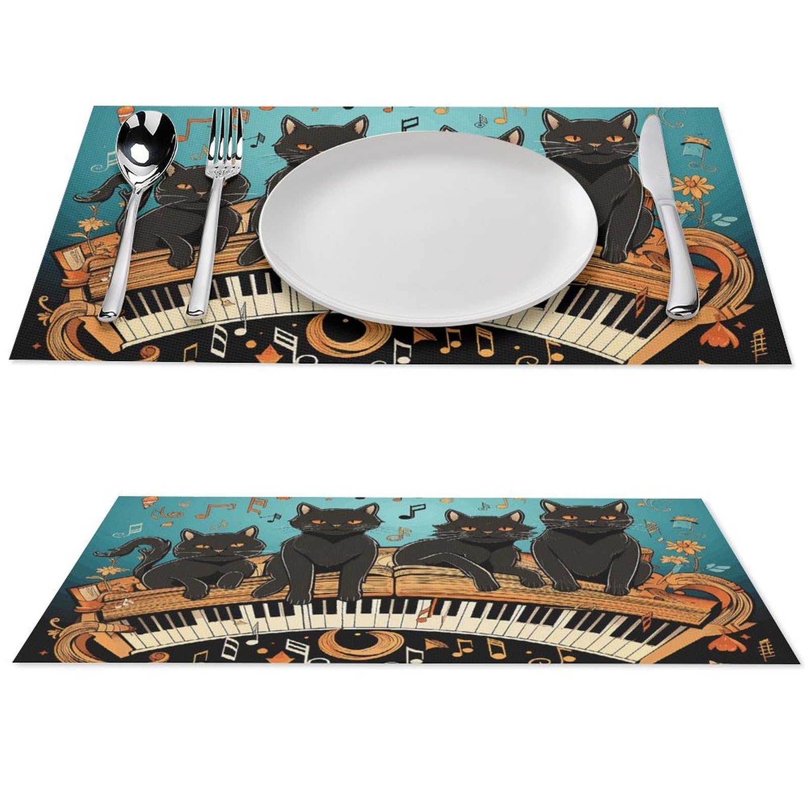 Set di 6 tovagliette all'americana in PVC con quattro gatti neri sdraiati sul pianoforte, lavabili e resistenti al calore, antiscivolo, impermeabili, per tavolo da pranzo per interni ed esterni