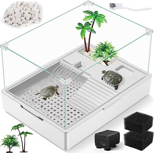 Kit de acuario de tortuga (tanque + bomba de agua), kit de inicio de tanque de tortuga acrílico con cabezal de ducha de lluvia mejorado, bomba de