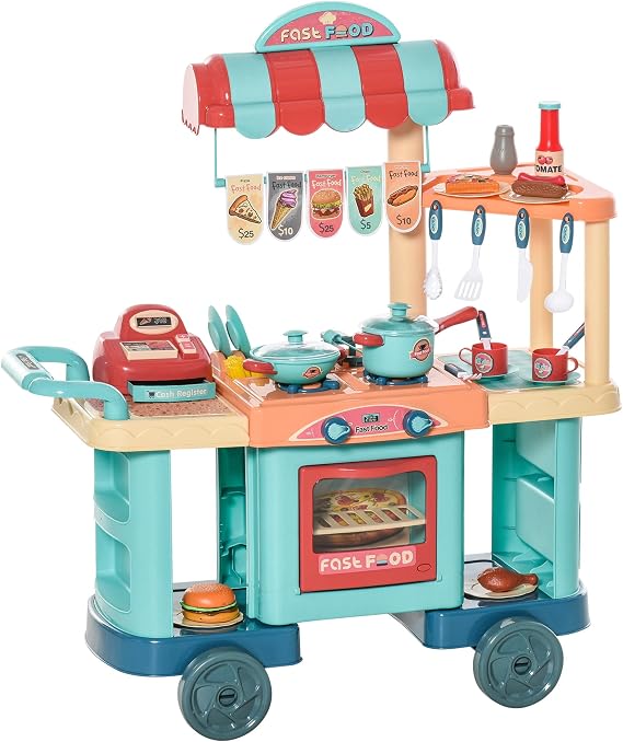 Qaba Kids Play Kitchen Set, Pretend Food Truck Dining Car, with Food, Cashier Register, Accessories Ages 3-6