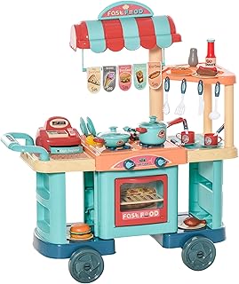 Qaba Kids Kitchen Food Stand with Play Food, Cashier Register, Accessories Ages 3-6