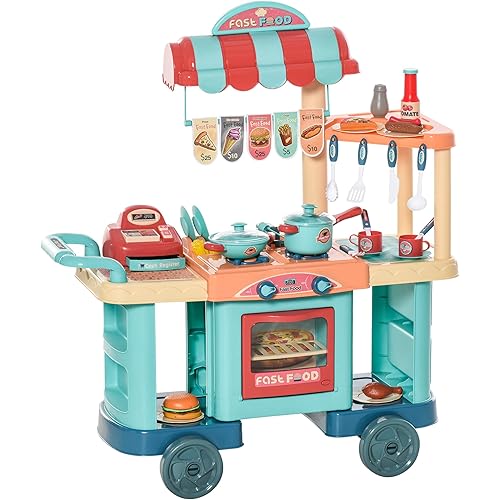 Qaba Kids Play Kitchen Set, Pretend Food Truck Dining Car, with Food, Cashier Register, Accessories Ages 3-6