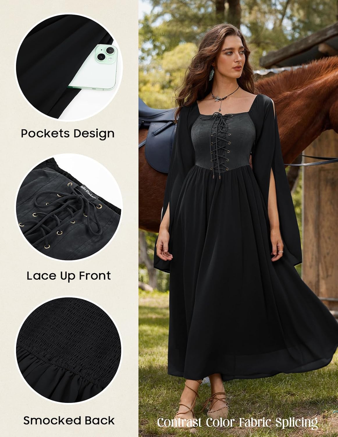 Scarlet Darkness Renaissance Costume Women Pirate Dresses Split Bell Sleeve Medieval Ren Faire Dress with Pockets - Image 4