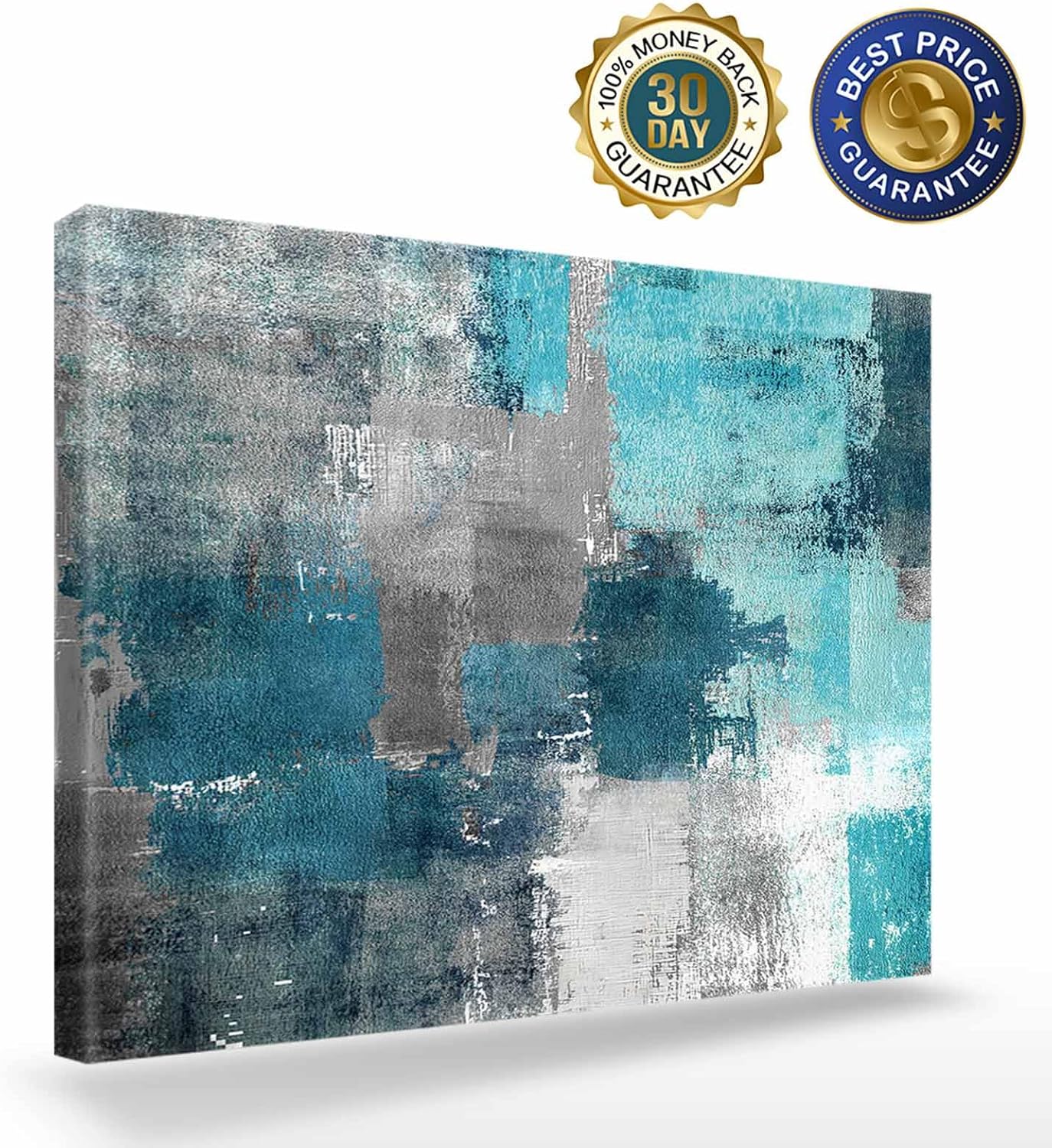 Teal Turquoise Abstract Canvas Wall Art - Teal Turquoise Gray Abstract Graffiti Art Color Block - Modern Wall Decor Gallery Canvas Wraps Giclee Print Stretched and Framed Ready to Hang - 12" x 16"