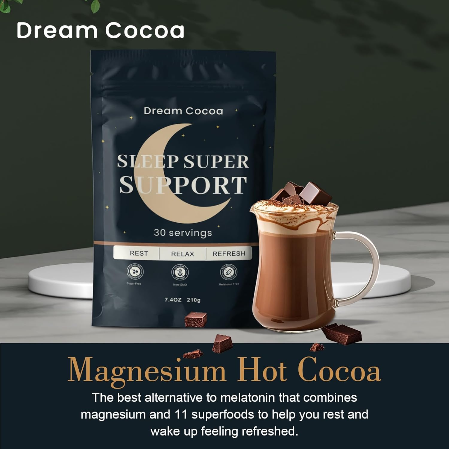 Magnesium Hot Cocoa – Melatonin-Free Natural Sleep Aid Hot Chocolate for Adults with Reishi Mushroom, L-Theanine & Zinc Glycinate – Relaxation & Restful Sleep Support Mushroom Coffee, 30 Servings - Image 3