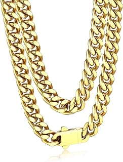 Bandmax Men's Premium Solid Stainless Steel Miami Cuban Link Chain Necklace | Waterproof Tarnish Resistant Chain, Silver Finish/Gold/Black Plated, Easy-open Clasp, 5/7/9/12MM, 18-30 Inches, With Gift Box