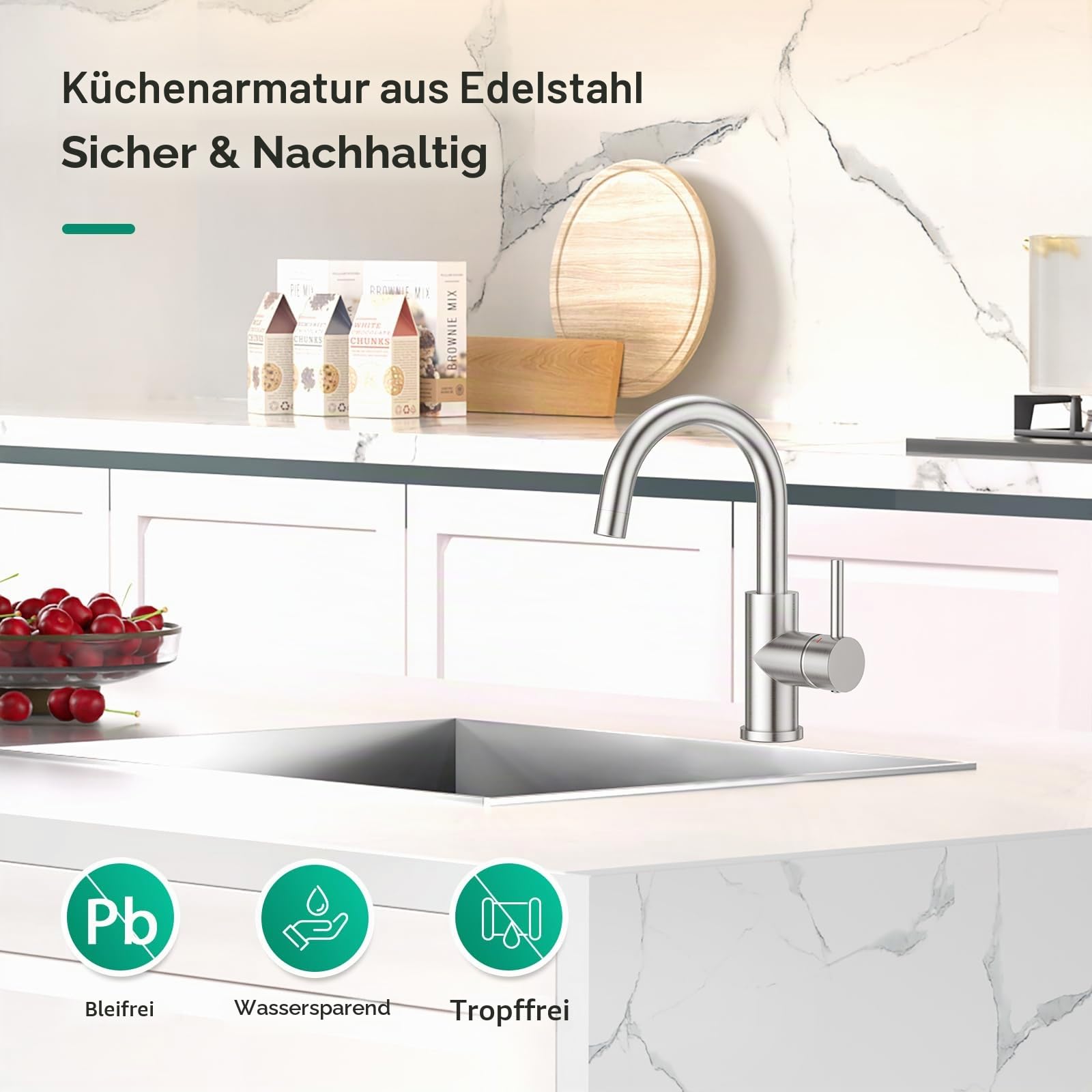 CREA Wasserhahn Küche, 360° Drehbare Küchenarmatur für Kleine Küche, Waschbeckenarmatur, Armatur Küche mit Hohem Auslauf, Edelstahl