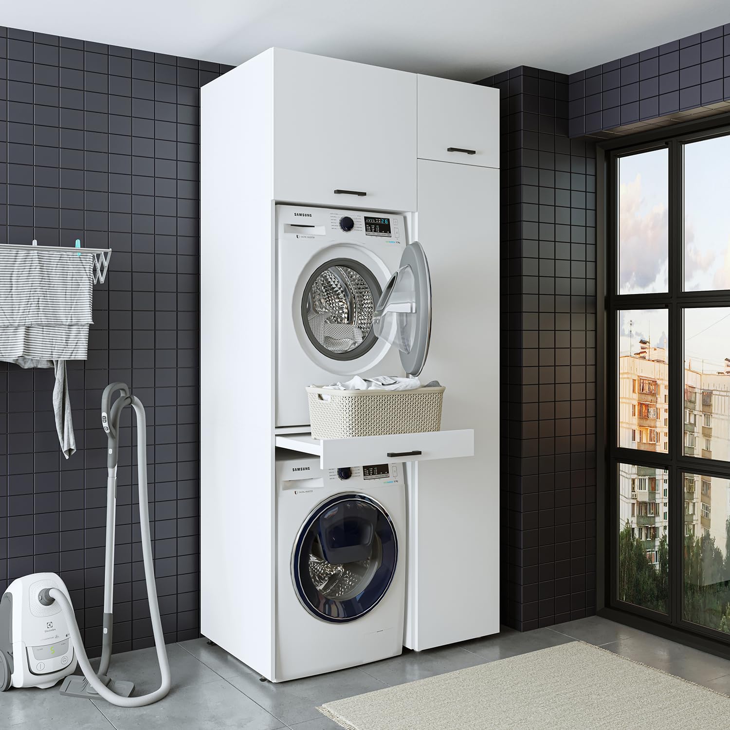 ROOMART Mobile per lavatrice, serie Duo-I, larghezza 112 cm, per asciugatrice e lavatrice, in 3 colori (bianco, V2 HBT: 240 x 112 x 67 cm, 1 ripiano)