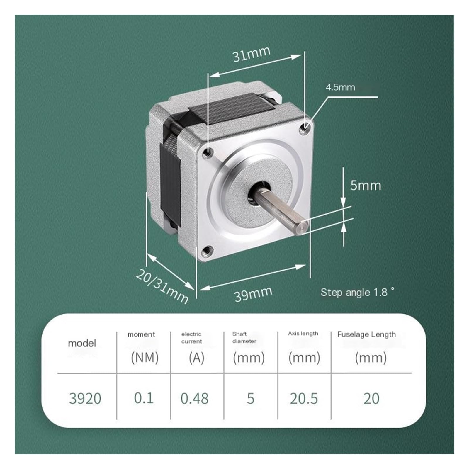 YTMJPQQJI Stepper Motor 39 Hybrid Two-Phase Small Motor 0.1Nm Body Length 20mm